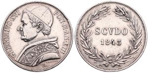 Italian States, Papal States, Gregory XVI, 1 Scudo Silver 1843-XIIIR, Pope's bust left, KM 1324, XF