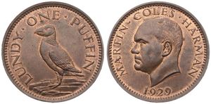 Lundy, British Administration, Martin Coles Harman, 1 Puffin Bronze 1929, Standing Puffin left, KM Tn2, A.UNC 