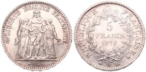 France, Republic, 5 Francs Silver 1876A, Hercules group / Value within wreath, KM 820.1 Paris, XF