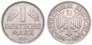 Germany, Federal Republic, 1 Mark Copper-Nickel 1955G, Eagle with wings spread, KM 110, SCARCER DATE, VF