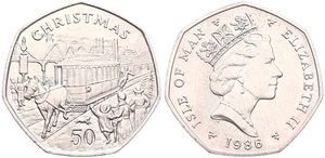 Isle of Man, British Dependency, Elizabeth II, 50 Pence Copper-Nickel 1986, Christmas - Horse-drawn tram left, KM 172, UNC