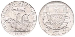 Portugal, Republic, 2-1/2 Escudos Silver 1951, Early sailing ship, KM 580, UNC