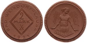 Germany, Emergency Coinage, Bad Weixdorf-Lausa, 2 Mark Porcelain 1921, Female taking a bath / Value above date, UNC