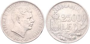 Romania, Kingdom, Mihai I, 25.000 Lei Silver 1946, Head right, KM 70, XF