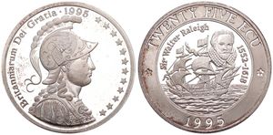 Great Britain, Kingdom, Elizabeth II, 25 Ecu Silver 1995, Helmeted Britannia - Sailing Ship from Sir Walter Raleigh, KM XNew, PROOF