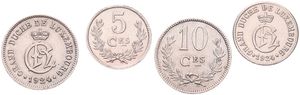 Luxembourg, Grand Duchy, Charlotte, 5 & 10 Centimes Copper-Nickel 1924, Crowned Monogram, KM 33/34, XF/AU