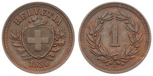 Switzerland, Confederation, 1 Rappen Bronze 1930, Cross in shield within sprigs, KM 3.2, XF/AU