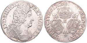France, Kingdom, Louis XIV, 1 Ecu Silver 1712K, Armored bust right / 3 Crowns, fleur-de-lis in angels, KM 386.9 Bordeaux, VF (slightly cleaned)