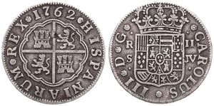 Spain, Kingdom, Charles III, 2 Reales Silver 1762 JV, Crowned Spanish Shield, KM 388.2, VF