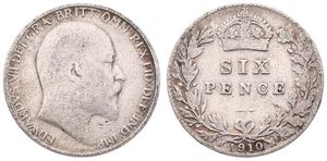 Great Britain, Kingdom, Edward VII, 6 Pence Silver 1910, Head right, KM 799, A.VF