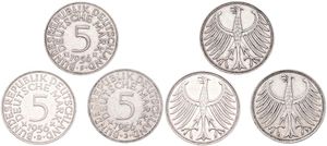 Germany, Federal Republic, 3 x 5 Mark Silver 1956 D, F, & J, Eagle with wings spread, KM 112.1, SCARCER DATES, VF