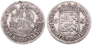 Netherlands, West Friesland Province, 6 Stuivers (Scheepjesschelling) Silver 1678, Sailing ship right / Crowned arms divide value, KM 76, VF