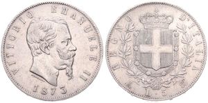 Italy, Kingdom, Vittorio Emanuele II, 5 Lire Silver 1873M BN, Bearded head right, KM 8.3, VF