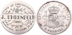 Spain, Kingdom, Privatly engraved Silver coin by J. Ehrenfeld who lived in the ' Campo de Concentration del Miranda de Ebro ', dated 20-10-41, VF