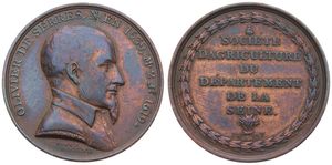 France, First Empire, Napoleon, Medal in Copper 1807 by Droz F., Olivier de Serres, Agriculture of the Seine, Bearded bust right / Legend in 6 lines above bushel of wheat, VF