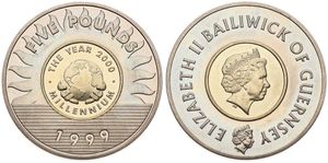 Guernsey, British Dependency, Elizabeth II, 5 Pounds Bi-Metallic 1999, Millennium, KM 91, UNC