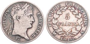 France, First Empire, Napoleon, 5 Francs Silver 1810A, Laureate head right, KM 694.1 (Paris), A.VF