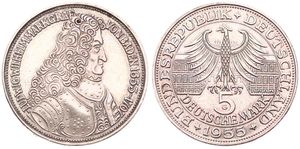 Germany, Federal Republic, 5 Mark Silver 1955G, 300th Anniversary of the birth of Ludwig von Baden, KM 115, XF