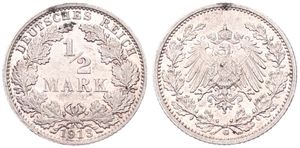 Germany, Empire, Wilhelm II, 1/2 Mark Silver 1913G, Crowned imperial eagle within wreath, KM 17, VF