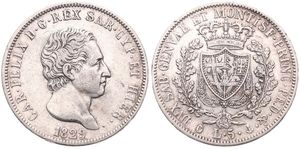 Italian States, Sardinia, Carlo Felice, 5 Lire Silver 1829 P, Head right / Crowned arms within wreath, KM 105.2, VF