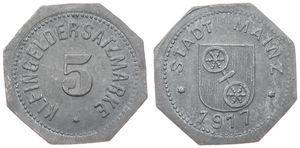 Germany, Emergency Coinage, Mainz, 5 Pfennig Zinc 1917, Coat of Arms in center above date / Legend surrounding denomination, XF