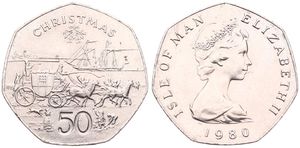 Isle of Man, British Dependency, Elizabeth II, 50 Pence Copper-Nickel 1980, Christmas - Stagecoach pulled by horses, KM 71, UNC