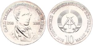 Germany, Democratic Republic, 10 Mark Silver 1976, 150th Anniversary of the Death of Carl Maria von Weber, KM 62, UNC