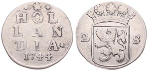 Netherlands, Holland Province, 2 Stuivers Silver 1744, Crowned arms of Holland, KM 48, VF