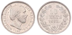 Netherlands, Kingdom, William III, 10 Cents Silver 1882, Bearded head right, KM 80, UNC