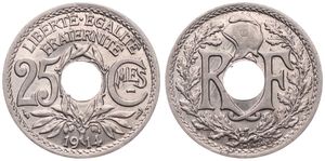 France, Republic, 25 Centimes Nickel 1914, Center hole divides monogram, KM 867, A.UNC