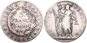 Italian States, Piedmont Republic, 5 Francs Silver AN 10 (1801), Two standing figures, KM 4, A.VF