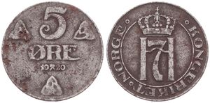 Norway, Kingdom, Haakon VII, 5 Ore Iron 1917, Crowned monogram within circle, KM 368a, VF