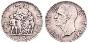 Italy, Kingdom, Vittorio Emanuele III, 5 Lire Silver 1937R, Head left / Mother seated with four children, KM 79, SCARCE, VF (some edgenicks)