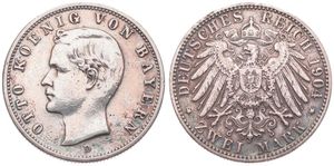 German States, Bavaria, Otto, 2 Mark Silver 1904D, Head left, KM 913, VF (cleaned)