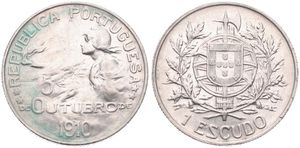 Portugal, Republic, 1 Escudo Silver 1910, Birth of the Republic - October 5, KM 560, XF