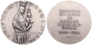 Luxembourg, Grand Duchy, Jean, Medal (40 Francs) in Silver 1966 by N. Julien Lefevre, 300th Anniversary of Patron Saint / Virgin Mary holding Jesus, KM XM9a, UNC 