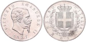 Italy, Kingdom, Vittorio Emanuele II, 5 Lire Silver 1877R, Bearded head right, KM 8.4, A.UNC !