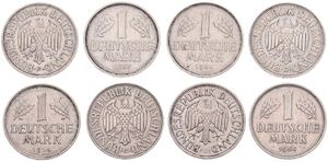 Germany, Federal Republic, 4 x 1 Mark Copper-Nickel 1954 D, F, G & J, Eagle with wings spread, KM 110, SCARCER DATES, VF