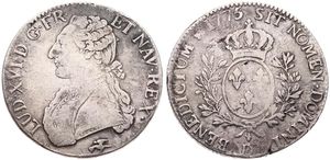 France, Kingdom, Louis XVI, 1 Ecu Silver 1775D, Uniformed bust left, KM 564.5 (Lyon), A.VF