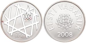 Estonia, Republic, 10 Krooni Silver 2008, Olympics - Torch, geometric patterns and multicolor olympic rings, KM 48, UNC