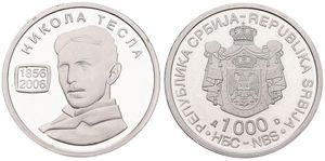 Serbia, Republic, 1000 Dinara Silver 2006, Bust of Nikola Tesla left, KM 43, PROOF
