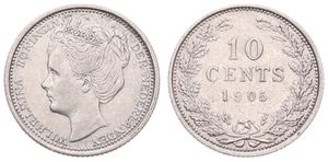 Netherlands, Kingdom, Wilhelmina I, 10 Cents Silver 1905, Crowned head left, KM 136, VF