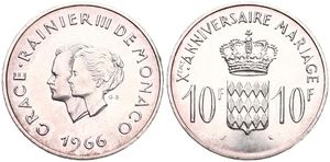 Monaco, Principality, Rainier III, 10 Francs Silver 1966, 10th Wedding Anniversary, KM X M1, UNC
