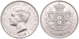 Portugal, Kingdom, Manuel II, 500 Reis Silver 1908, Head left, KM 547, XF