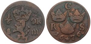 Sweden, Kingdom, Carl XI, 1/6 Ore Copper 1676, Crown above Griffin, KM 254, Fine