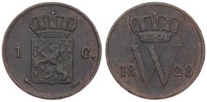 Netherlands, Kingdom, William I, 1 Cent Copper 1828, Crowned arms, KM 47, VF