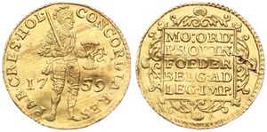 Netherlands, Holland Province, 1 Ducat Gold 1759, Standing armored knight holding bundle of arrows / Inscription within ornamented square, KM 12.3, A.XF (*)