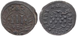 German States, Hamm - City, 3 Pfennig Copper 1739, Shield of town arms, date below (Fesse of checkerboard) / Legend in 2 lines within wreath, KM 75, VF