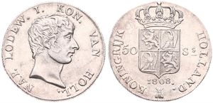 Netherlands, Kingdom of Holland, Louis Napoleon, 50 Stuivers Silver 1808, Head right / Crowned shield flanked by value, KM 28, SCARCE, A.UNC !