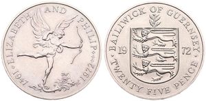 Guernsey, British Dependency, Elizabeth II, 25 Pence Copper-Nickel 1972, 25th Wedding Anniversary, KM 26, UNC